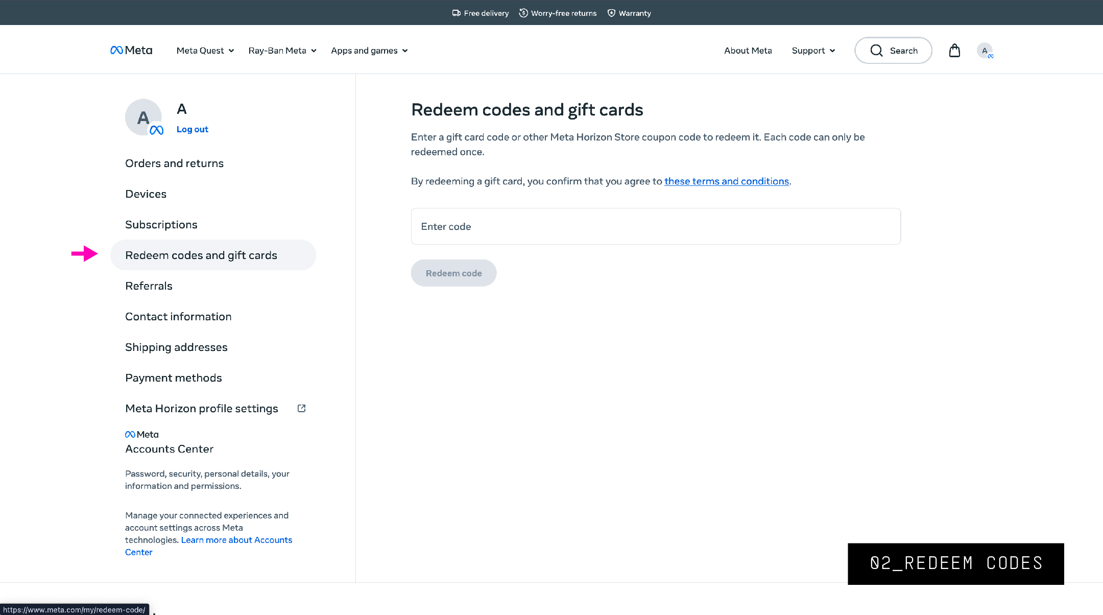 Redeem codes and gift cards menu item.