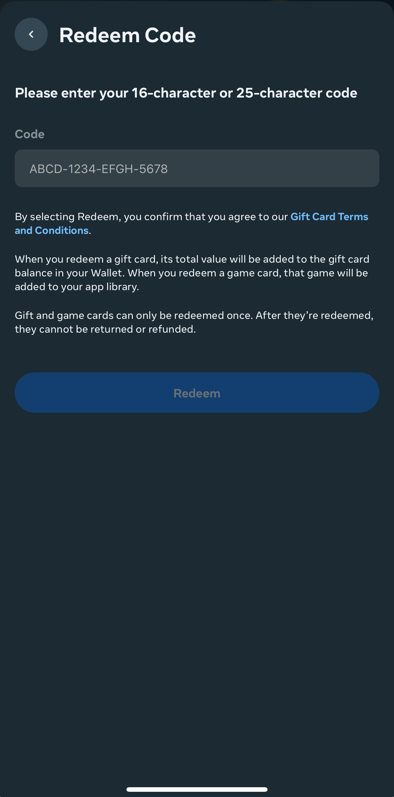 Enter and redeem store code.