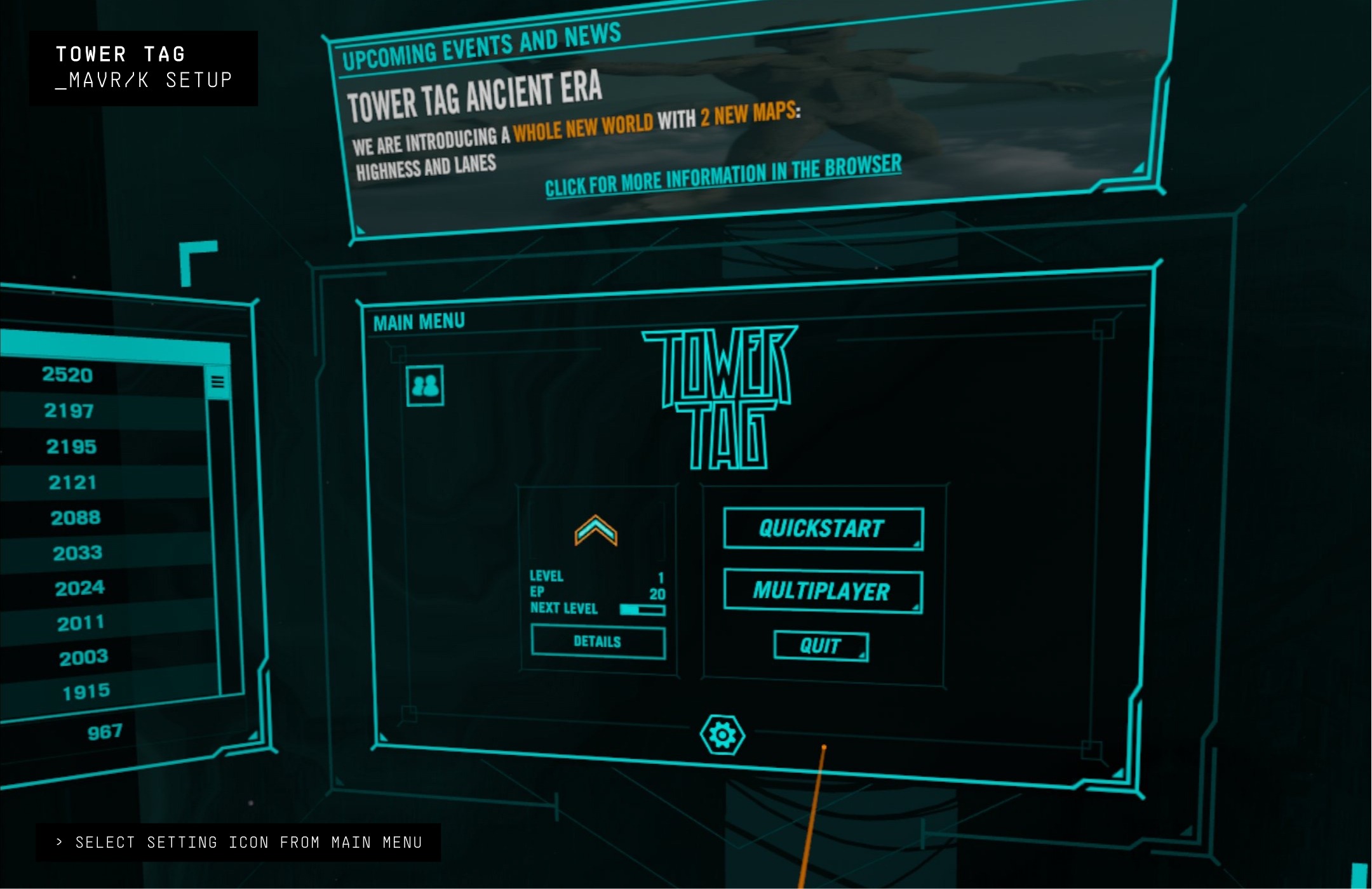 Tower Tag main menu settings.